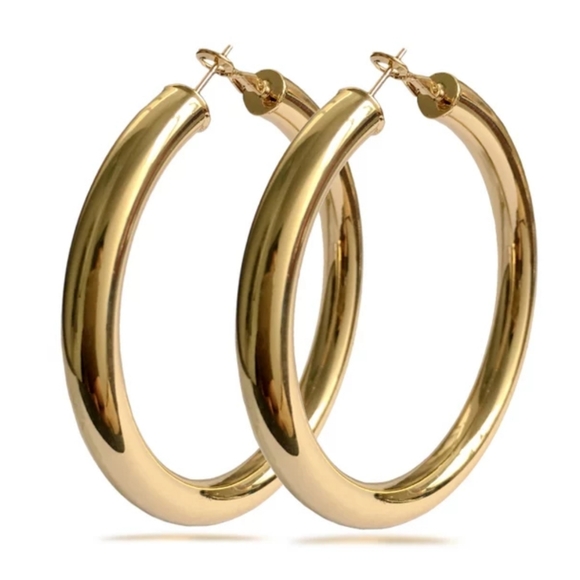 Classic 70mm Wide Gold plated Hoop Women Earrings - Picture 2 of 2